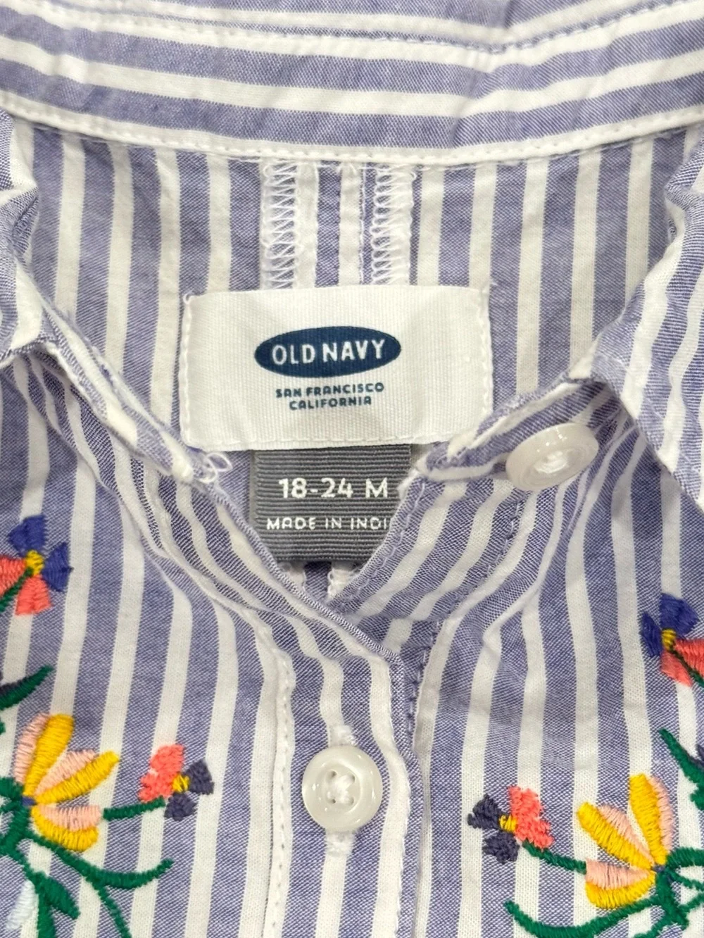 Old Navy Girls 18-24M Blue and White Striped Floral Embroidered Dress.